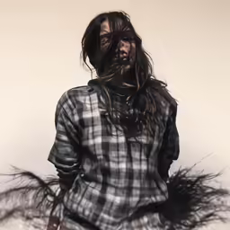 a woman wearing a plaid shirt and pulling her hair