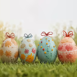a bunch of painted eggs sitting on top of a grass field