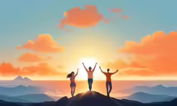 three people standing on top of a mountain with their arms in the air