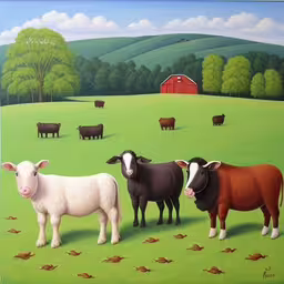 a painting of five sheep grazing in a green field,three cows stand in the grass by some trees