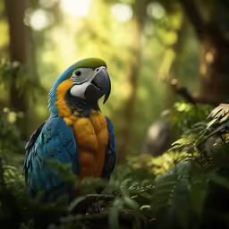 a colorful parrot is in the jungle looking around