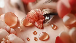 a woman with water drops surrounding her eyes, with a flower in the center of her eye