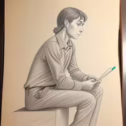 drawing of a man sitting and looking at his digital tablet,a drawing of a person sitting on top of a white block