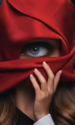 a woman in red is wearing a hooded red fabric covering her face