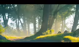 the light is shining through the trees in the forest