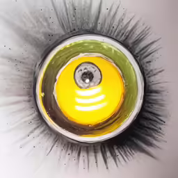 an abstract artwork, with yellow and gray colors, with a black eye