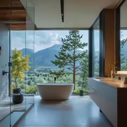 a bathroom with a huge window overlooking the outdoors