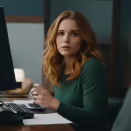 the woman in a green sweater is sitting at her desk