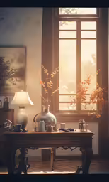 a room with two vases on a table, one large, the other small