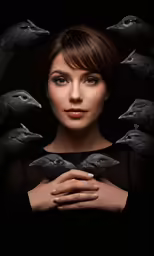 a woman surrounded by birds, posing for the camera