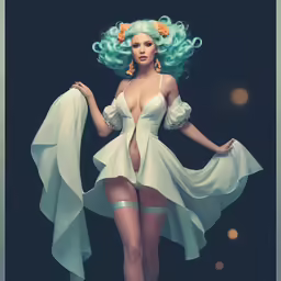 a woman dressed in white and wearing bright blue hair