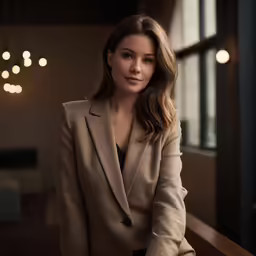 a woman wearing a jacket and a dress