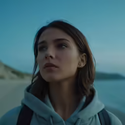the young woman with the backpack stares to something