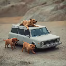 three puppies are on top of a vehicle with three larger dogs