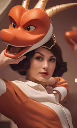 a young woman wearing an orange and white dragon mask