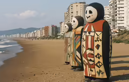 people standing on a beach, wearing masks and cloakes