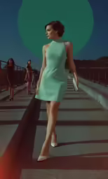 a girl wearing a little light green dress is standing near a wall