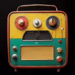 a old yellow, green, and red radio sits on a stand