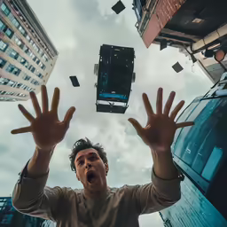 a man raises his hands in the air with buildings and lights above him