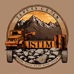 there is a patch of ground that has a bulldozer and mountains on it,a picture of a rocky mountain and a bulldozer that says,