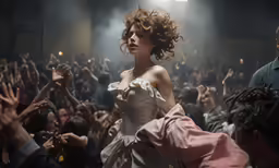 a woman in a white gown surrounded by people waving their hands