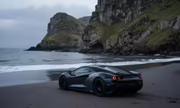 the lotus car is parked on the beach