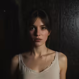 a beautiful woman in white shirt standing by a door