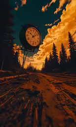 the sun is setting at an outdoor clock in the woods