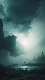a foggy mountain and body of water