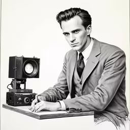 a man with a suit and tie and a camera