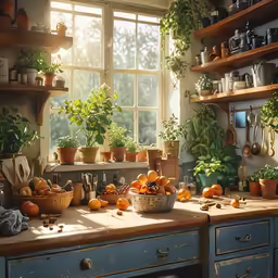 potted plants are in pots along a window and table