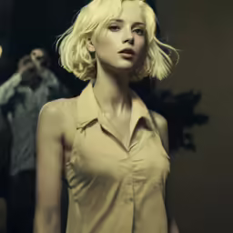 a woman with a blonde wig and a button up shirt
