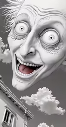 a creepy looking face is seen over an image of clouds