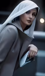 a young woman in a grey coat and a white scarf
