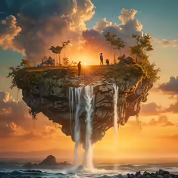 some people are standing on an island with waterfalls