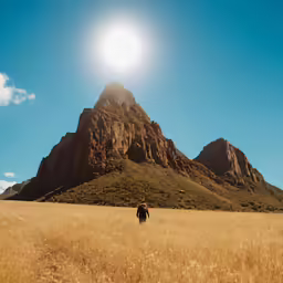 a lone person walking across a grass field