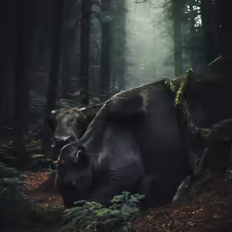 two rhinos that are laying down in the grass