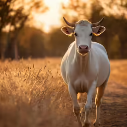 a white cow walking down a dirt road