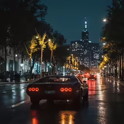 the cars are parked along the street in front of skyscrapers