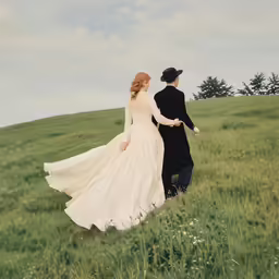 man and woman in white wedding dress walking through field