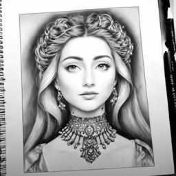 a drawing of a beautiful girl with curly hair and jewels