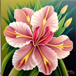 painting of a flower with leaves painted on the side,painting of a pink flower with green leaves,a painting of a pink flower that is painted on,a pink flower is featured in the painting,a painting of a pink and yellow flower