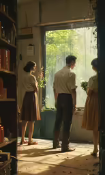 an old fashion photo with three people looking at something