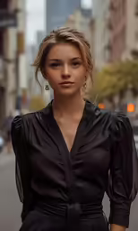 a woman in black outfit standing on street corner