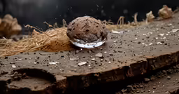 an animal is standing on the ground covered in dirt