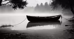 the boat is sitting in the water with fog,a black and white photo of a boat on the water