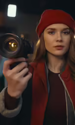 woman with camera, in a dimly lit setting