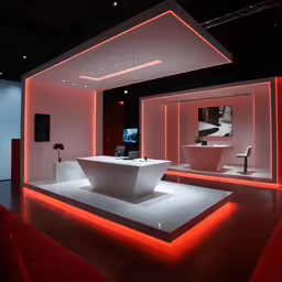 a white table sits alone in the middle of a black room