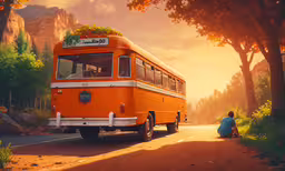 an orange bus with a man on the side of it,a person squatting next to an old school bus