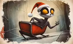 a racoon wearing santa hat riding in a sleigh